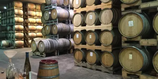 Wine barrels stacked at Pegasus Bay Winery in Waipara.