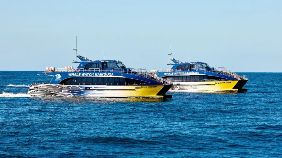 Two Whale Watch Kaikōura boats cruising side by side on a calm ocean