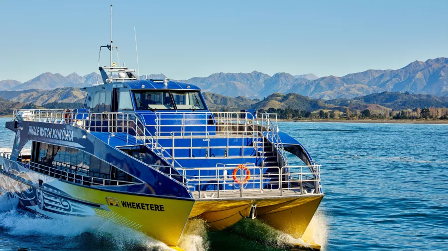 Whale Watch Kaikōura’s catamaran ‘Wheketere’ travelling at speed off the Kaikōura Coast
