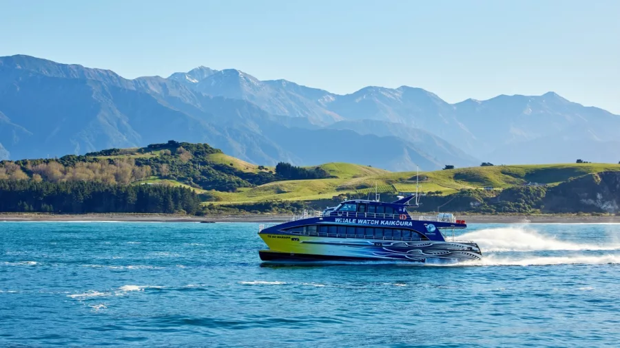 Whale Watch Kaikōura boat cruising with rolling green hills and the Seaward Ranges behind