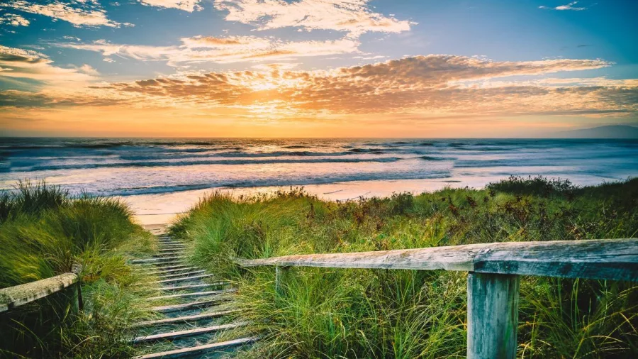 A wooden pathway leads through dune grasses to Sumner Beach at sunset, with golden clouds and soft waves.