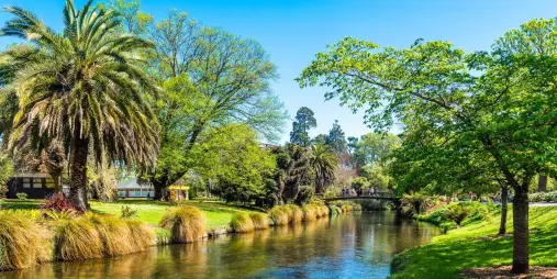 The Avon River flowing through Hagley Park in Christchurch, with spring foliage, palm trees, and a small bridge in the background.