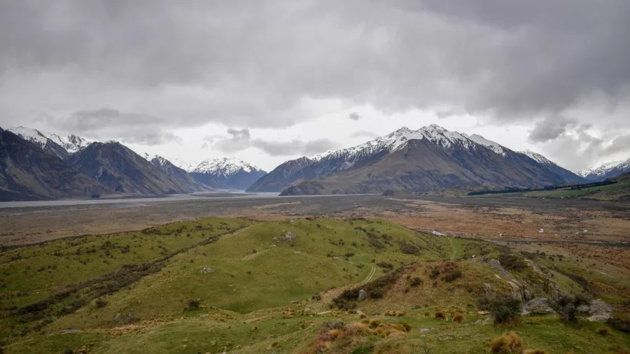 Panoramic view across Rangitata Valley towards Mount Sunday and snow-capped peaks