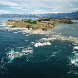 Aerial view of the Kaikōura Peninsula with the surrounding Pacific Ocean, home to Dusky dolphins and marine wildlife.