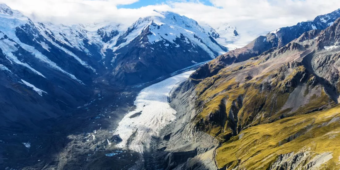 Aerial view of the Tasman Glacier winding through Aoraki Mount Cook National Park