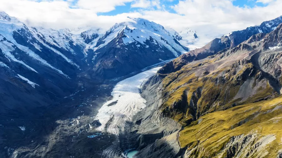 Aerial view of the Tasman Glacier winding through Aoraki Mount Cook National Park