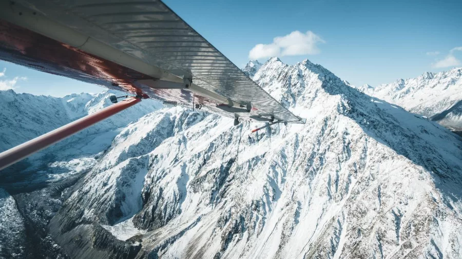 Aerial view of snow-covered Southern Alps from a scenic flight over Aoraki Mount Cook