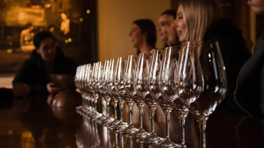 Close-up of wine glasses lined up for a tasting at a North Canterbury winery.