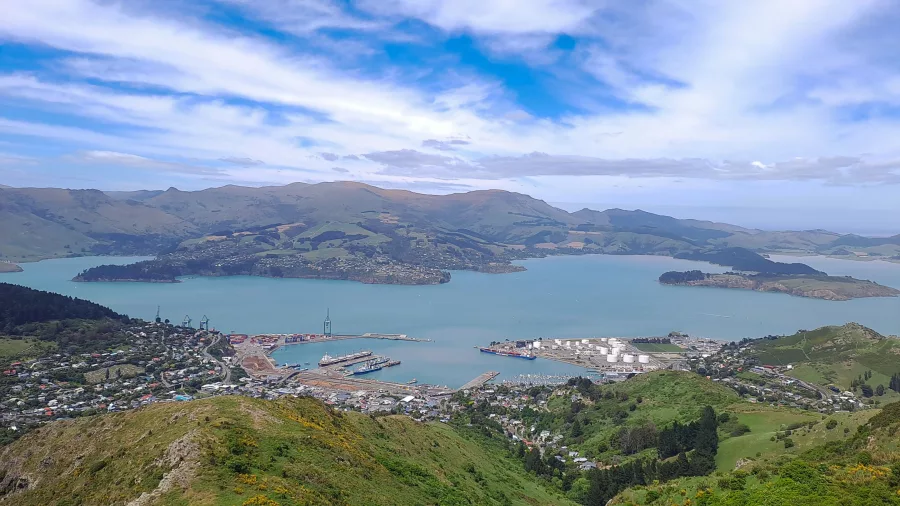 Panoramic view of Lyttelton Harbour from the Christchurch Gondola summit lookout