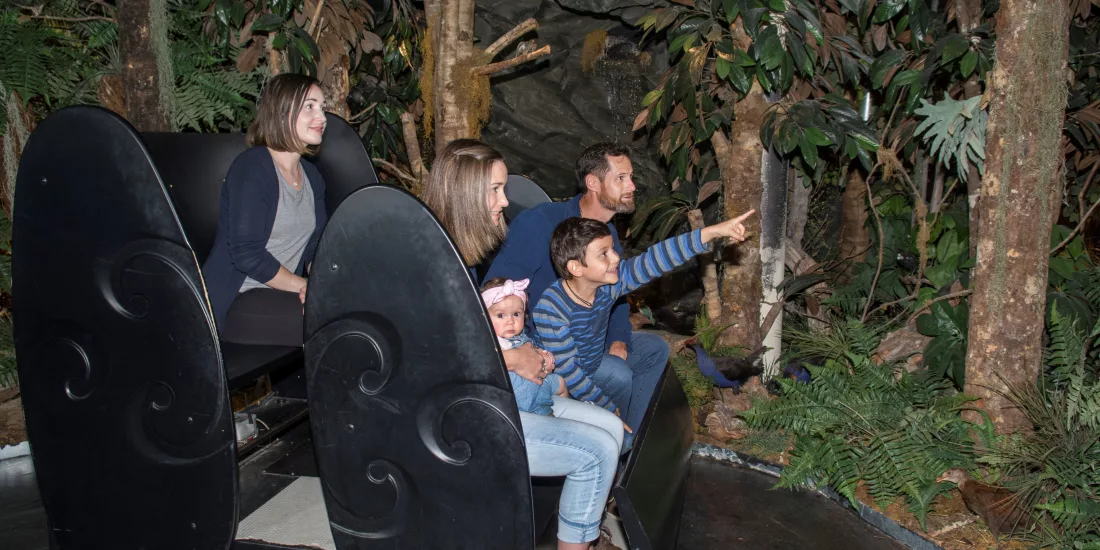 Family on a ride through native forest scenery in the Christchurch Gondola’s Time Tunnel