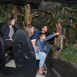 Family on a ride through native forest scenery in the Christchurch Gondola’s Time Tunnel