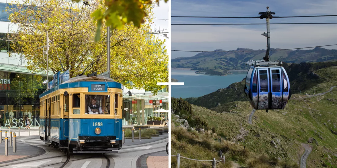 Christchurch heritage tram and Gondola with views over Lyttelton Harbour.