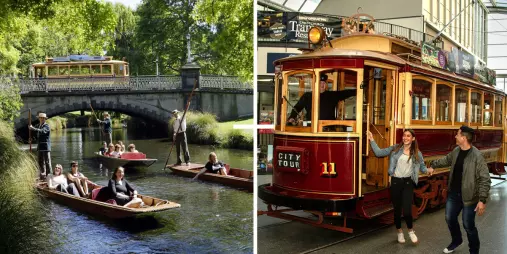 Christchurch Tram at Cathedral Junction and punting boats on the Avon River.