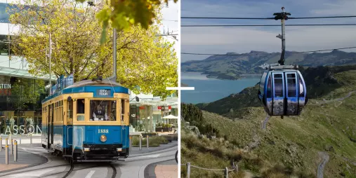 Christchurch heritage tram and Gondola with views over Lyttelton Harbour.