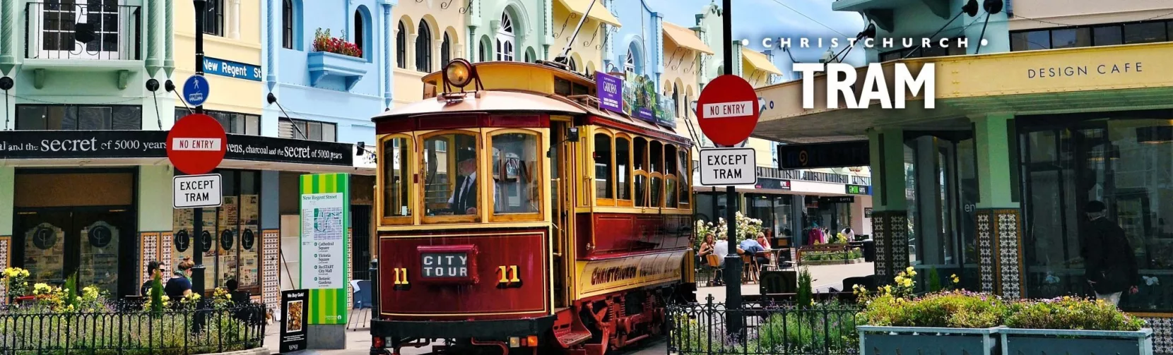 Promotional banner of Christchurch Tram at New Regent Street with colourful Spanish Mission buildings