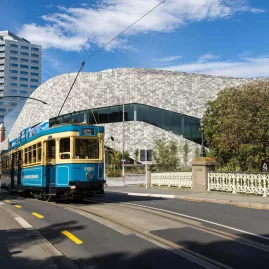 Tram 1888 on Worcester Street Bridge beside Te Pae Christchurch Convention Centre