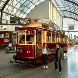 Christchurch Tram 11 at Cathedral Junction with visitors stepping off