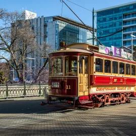 Historic Tram 11 crossing Worcester Bridge in central Christchurch
