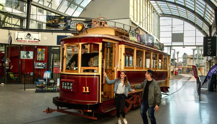Christchurch Tram 11 at Cathedral Junction with visitors stepping off