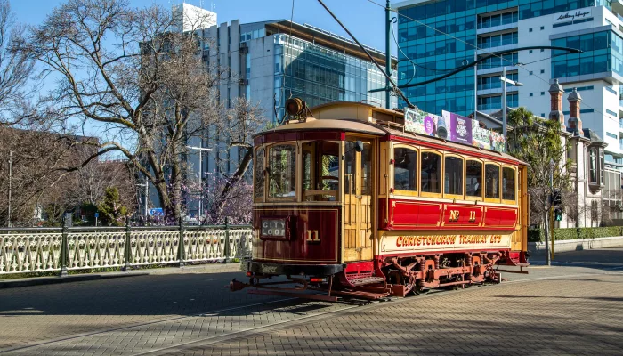 Historic Tram 11 crossing Worcester Bridge in central Christchurch