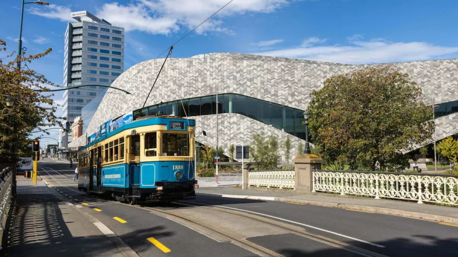 Tram 1888 on Worcester Street Bridge beside Te Pae Christchurch Convention Centre