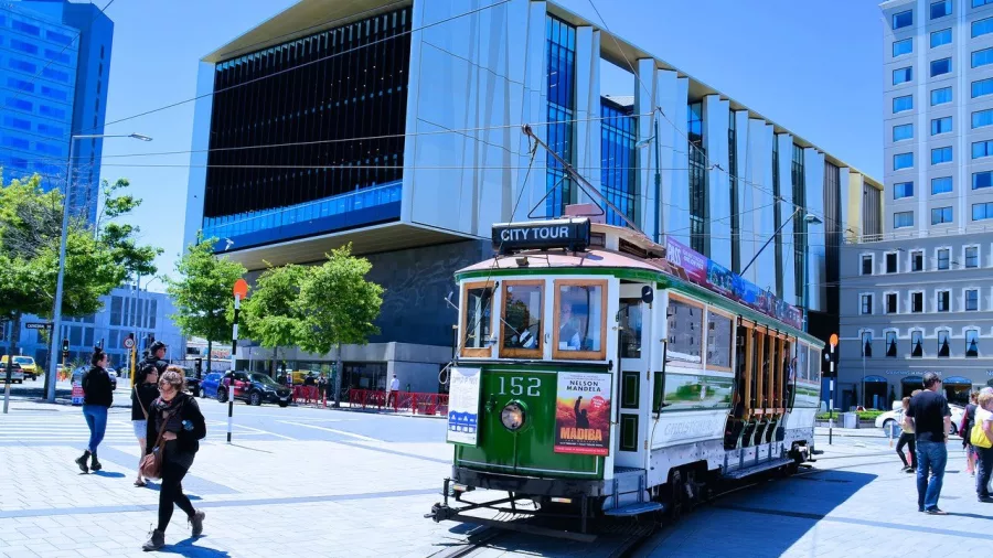 Christchurch Tram 152 passing by Tūranga Central Library in Cathedral Square