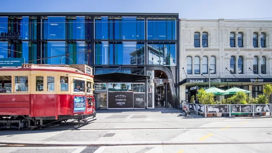 Historic Christchurch tram passing Stranges Lane in the vibrant SALT District