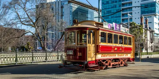 Historic Tram 11 crossing Worcester Bridge in central Christchurch