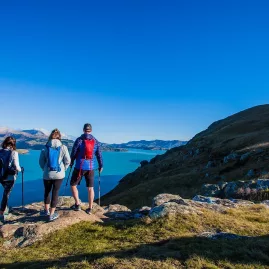 Four hikers pausing to enjoy Lyttelton Harbour views on a sunny day during the Crater Rim Walk