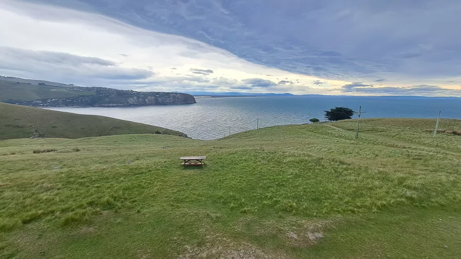 Picnic table on the Godley Head Loop Track with views towards Sumner and Taylors Mistake