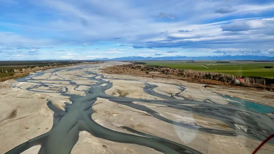 Braided river network in Canterbury seen from above during a helicopter flight
