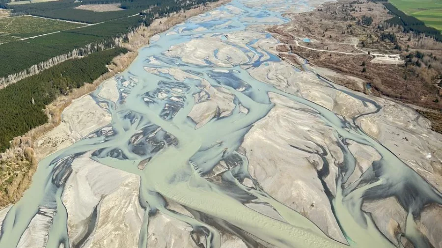 Aerial view of the braided Rakaia River during a scenic helicopter flight in Canterbury