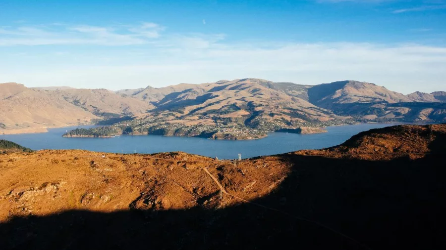 Helicopter aerial of Lyttelton Harbour and Port Hills in Christchurch