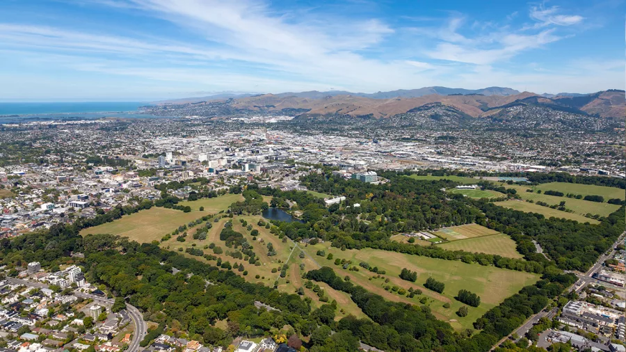 Helicopter view of Hagley Park and Christchurch Botanic Gardens