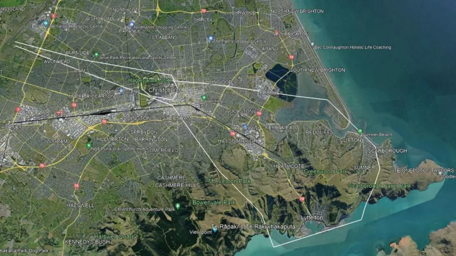 Aerial map of Christchurch City and scenic helicopter flight path