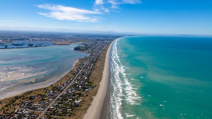 Helicopter aerial of Pegasus Bay and New Brighton Beach Christchurch