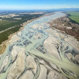 Braided channels of the Waimakariri River viewed from helicopter