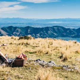 Couple enjoying a romantic picnic on Mount Herbert overlooking Lyttelton Harbour in Canterbury, New Zealand