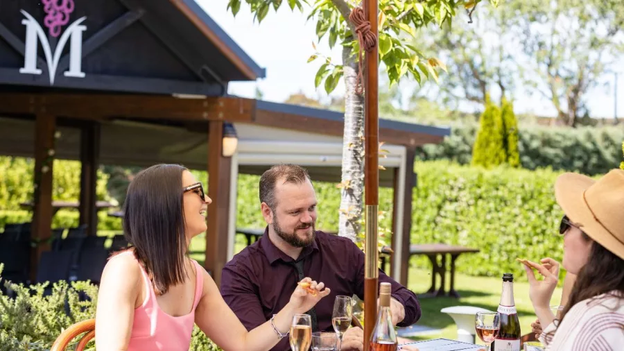 Group enjoying wine and lunch outdoors at Melton Estate Winery in West Melton, Christchurch