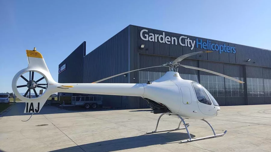 Cabri G2 helicopter on the tarmac outside the Garden City Helicopters hangar in Christchurch