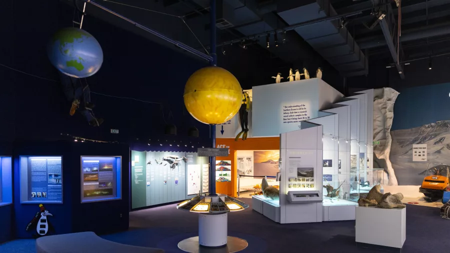 Interior of the Antarctic exhibit at the International Antarctic Centre showing science displays and history