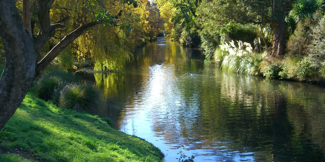 Autumn trees reflected in the Avon River as it flows through Mona Vale in Christchurch, New Zealand.