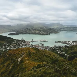 Aerial view of Lyttelton Harbour and surrounding hills in Christchurch