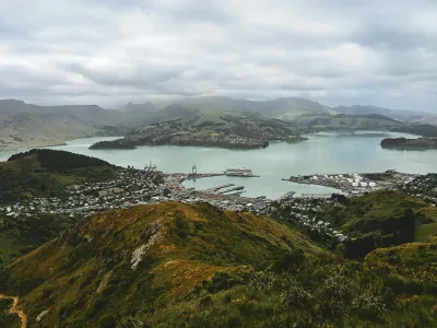 Aerial view of Lyttelton Harbour and surrounding hills in Christchurch