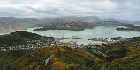 Aerial view of Lyttelton Harbour and surrounding hills in Christchurch