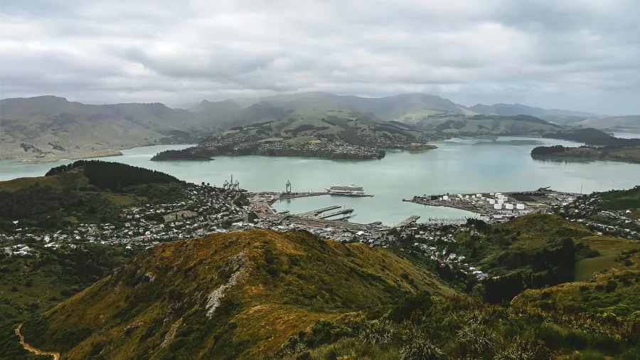 Aerial view of Lyttelton Harbour and surrounding hills in Christchurch