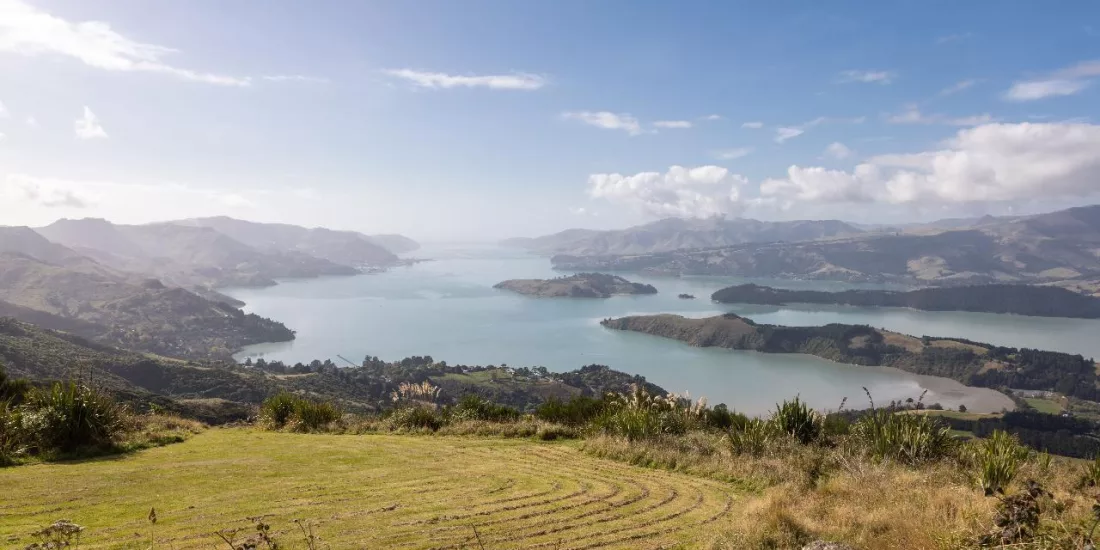 Scenic view of Lyttelton Harbour from the Port Hills with clear skies and rolling hills