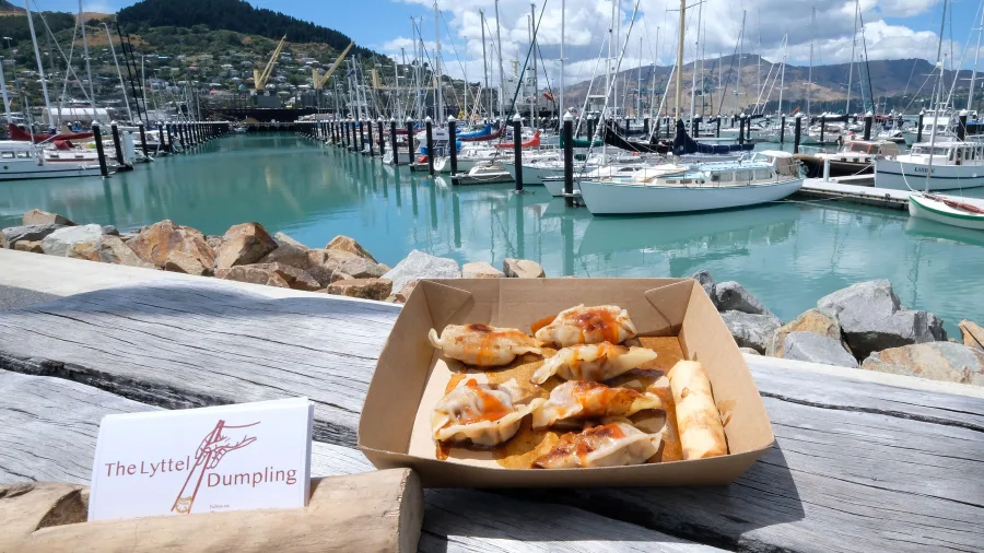 Dumplings from The Lyttel Dumpling with Lyttelton Harbour Marina in the background