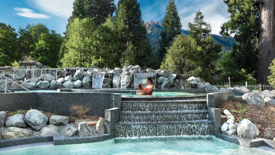 Cascades Pool with tiered waterfalls at Hanmer Springs Thermal Pools & Spa