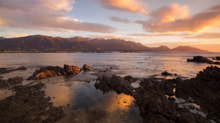Sunrise reflections on tidal pools along Kaikōura’s rocky shore